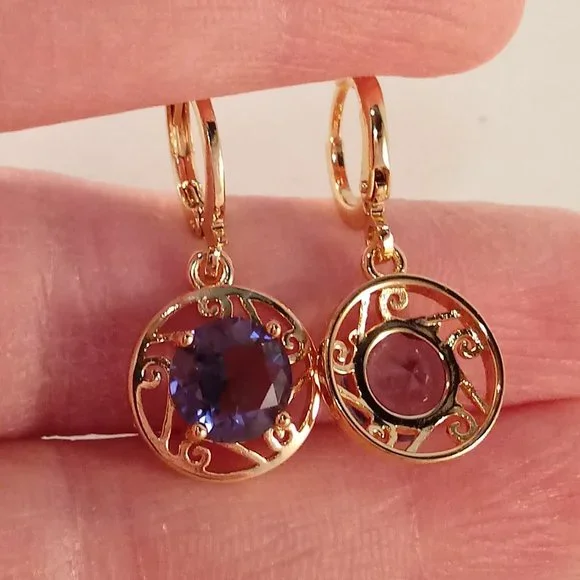 18K Yellow Gold Filled Flower Amethyt Purple Diamond Zircon Earrings 2.04ctw Ea. - Picture 4 of 4